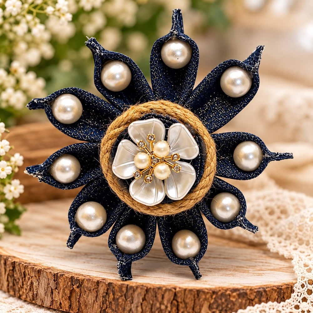 Handmade Denim and Pearl Magnet Flower Mixed Media Floral Accessory 17